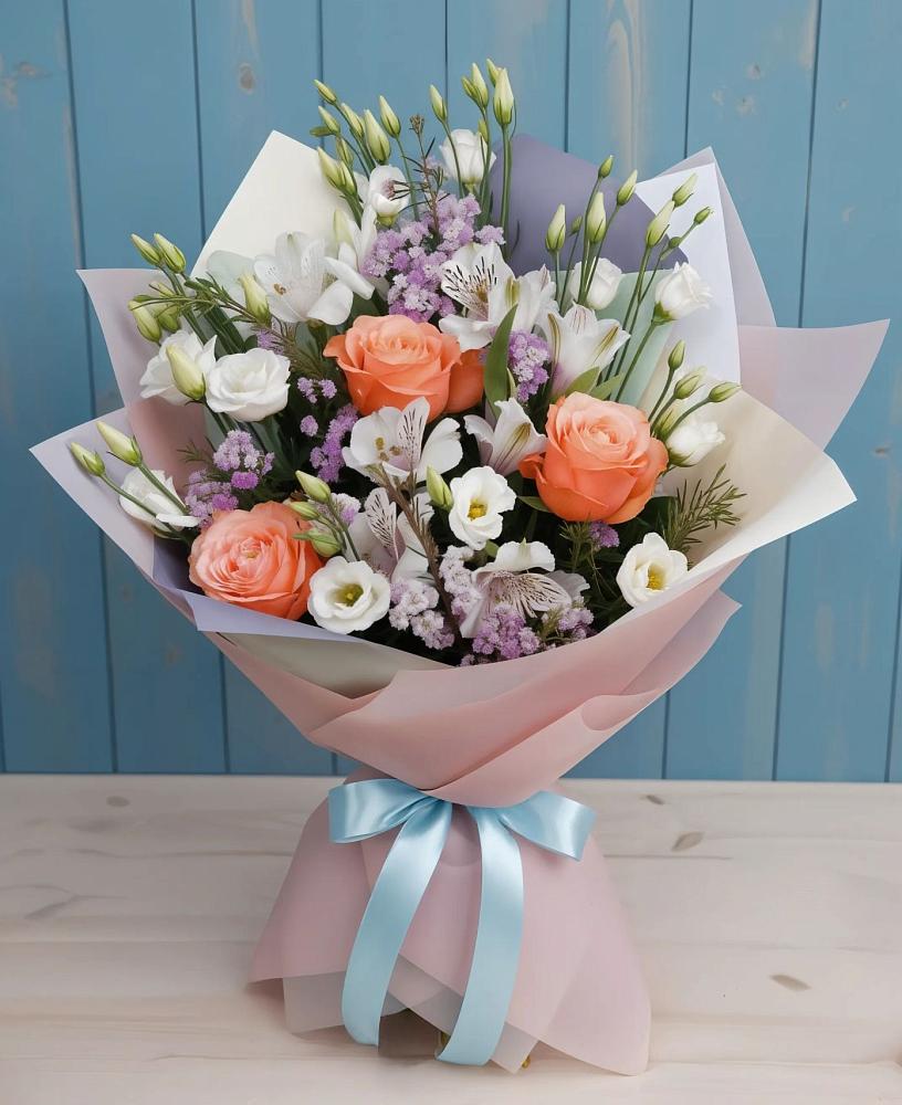 Букет цветов из: Лизиантусы, Розы, Альстромерии и Гипсофила в Белый Колодезь