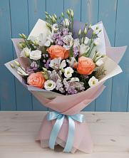 Букет цветов из:  Лизиантусы, Розы, Альстромерии и Гипсофила в Белый Колодезь